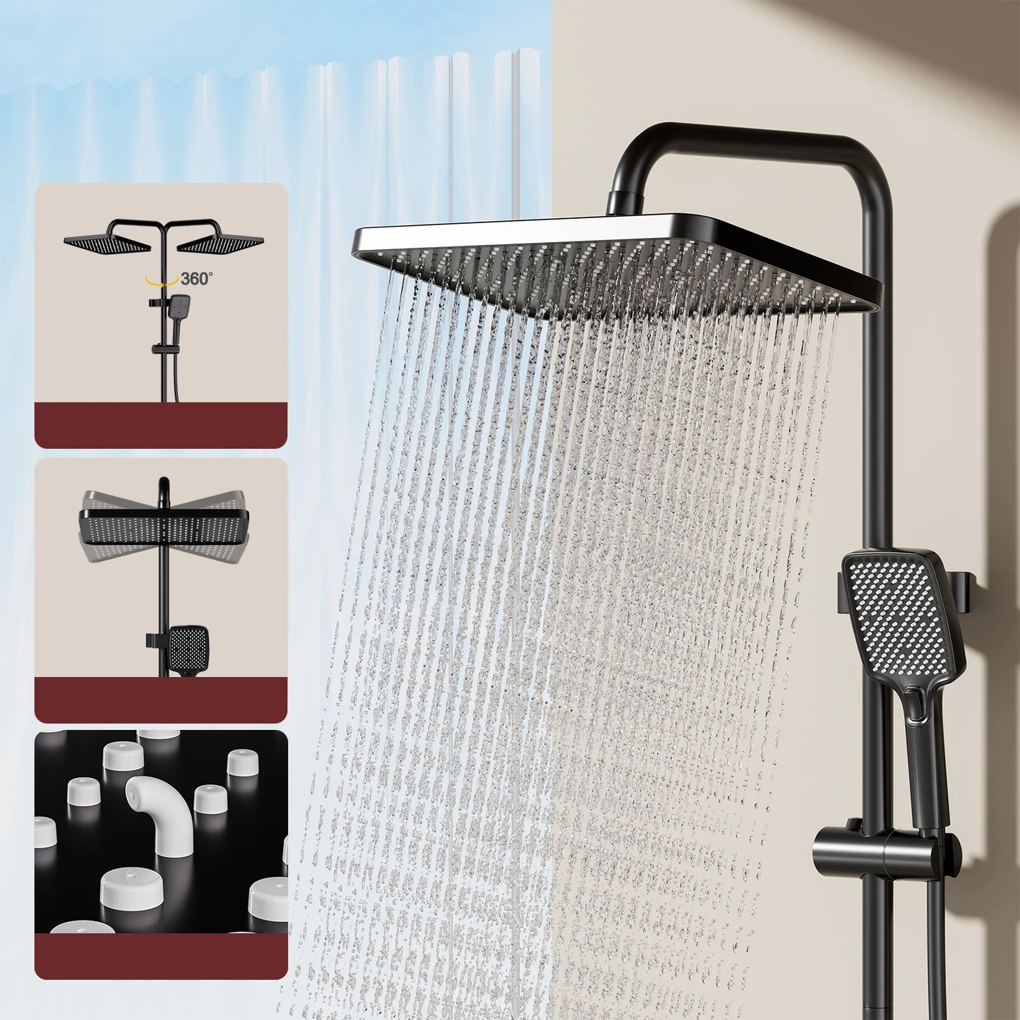 Smart Digital Display Shower System: LED Temperature Display, Copper Mixer Valve, Tempered Glass Panel & Rainfall Shower Set