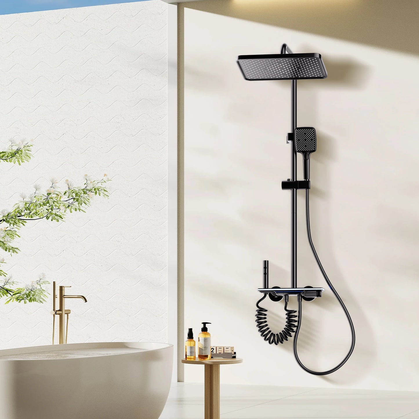 Smart Digital Display Shower System: LED Temperature Display, Copper Mixer Valve, Tempered Glass Panel & Rainfall Shower Set