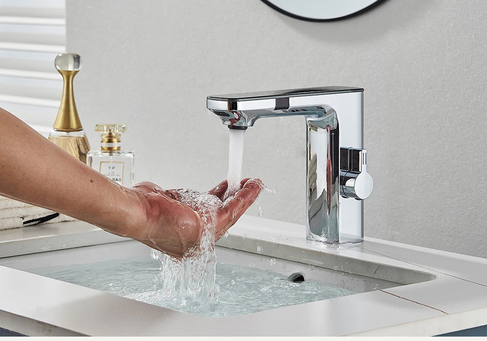 rozin Touchless Sensor Basin Faucet Smart Digital Display Bathroom Sink Faucets Grey Brass Sense Hot Cold Water Mixer Tap Crane