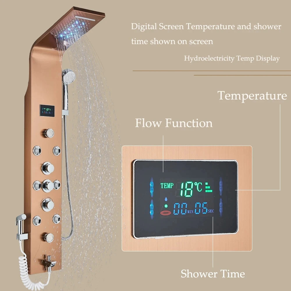 Wanmivezlo Shower Panel Column 6-Ways Functions LED Rain Waterfall Shower With Digital Display and Bidet Bath Shower Crane