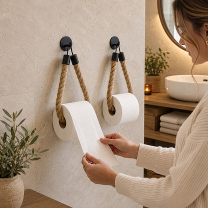 Support papier toilette mural design rustique en corde naturelle