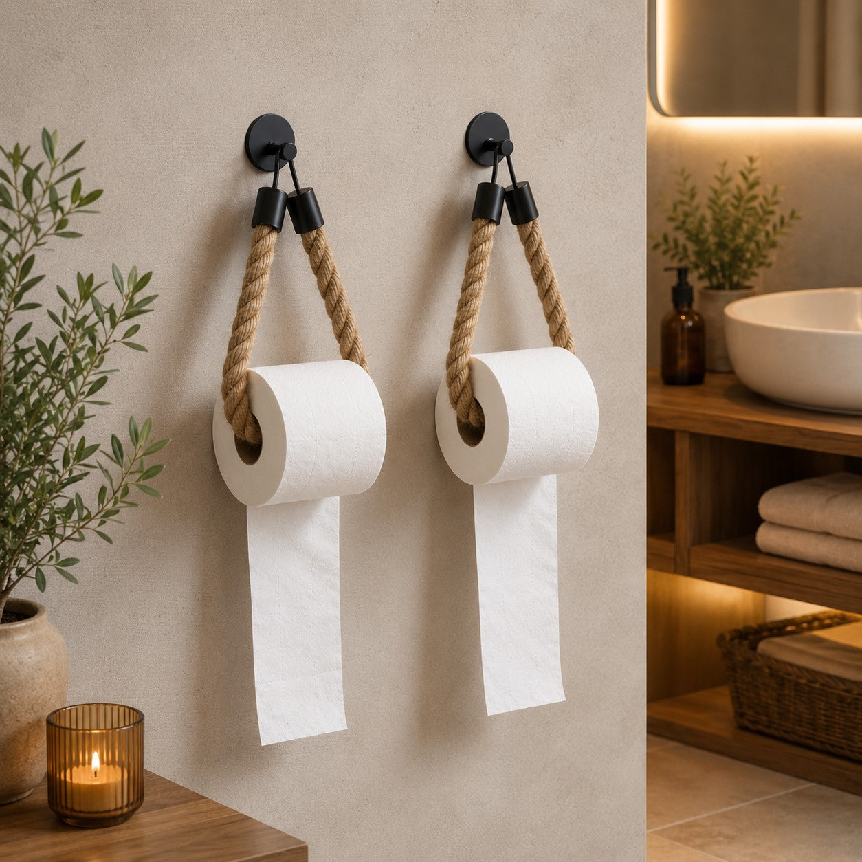 Porte papier toilette mural en corde naturelle avec support noir décoratif