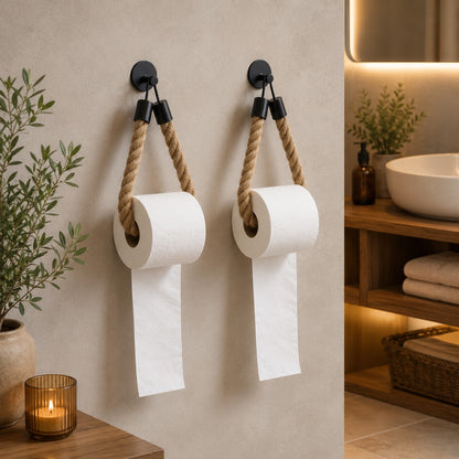 Porte papier toilette mural en corde naturelle avec support noir décoratif