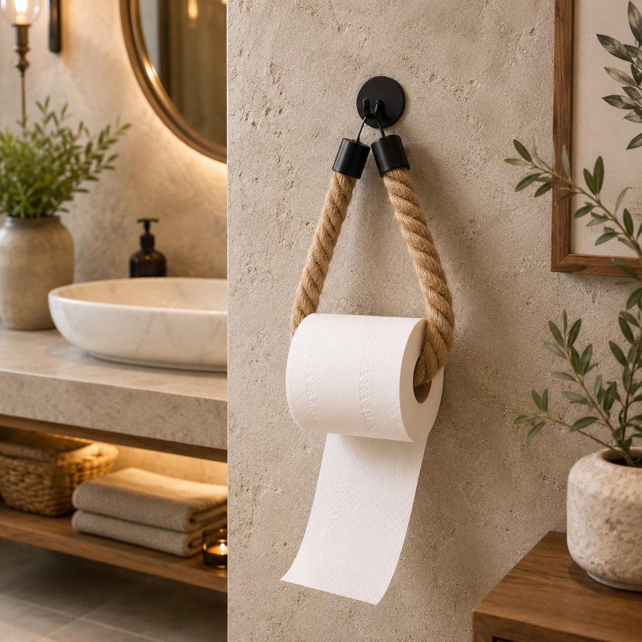 Porte papier toilette en corde et métal noir installé sur un mur