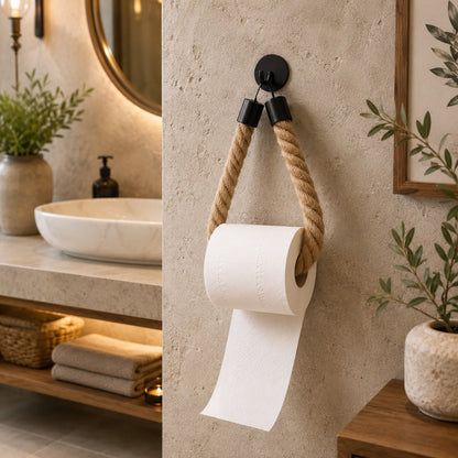 Porte papier toilette en corde et métal noir installé sur un mur